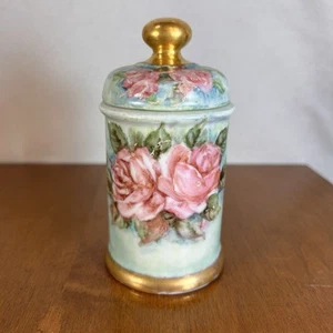 Bavaria Germany Apothecary Makeup Powder Jar Signed Roses Gold Details - Picture 1 of 11