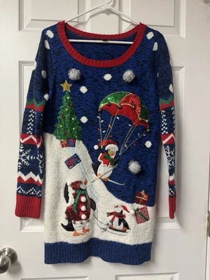 Women’s Medium Ugly Christmas Sweater Holiday Dress 3D Penguins Tree Tunic Bells - Image 1 of 4
