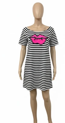 Mini Vestido Camiseta BETSEY JOHNSON Negro Blanco Rayas Rosa Labios Cambio Y2K 00 Foto 1 de 4