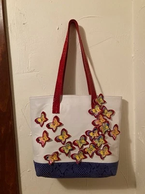 Leather Sharif White Shoulder/Handbag Embossed Snakeskin Butterfly Vintage NWOT - Image 1 of 4