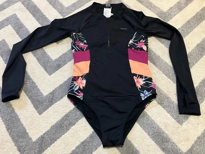 Traje de baño Roxy para mujer talla Traje S de una pieza con cremallera negro floral manga larga Foto 1 de 4