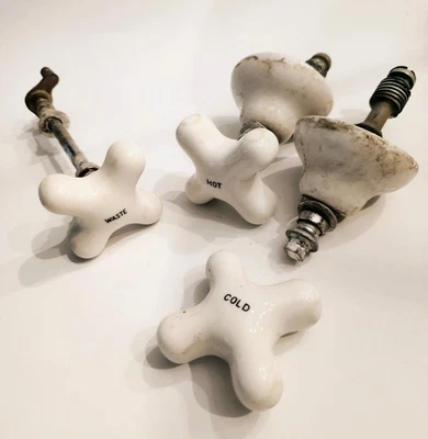 Antique Porcelain Hot Cold Waste Plumbing Faucets As Is FOR Parts - Image 1 of 3