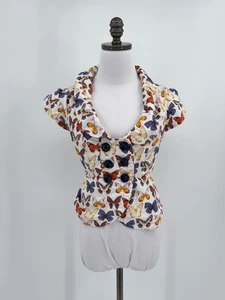 Elevenses White Butterfly Print Linen Blend Tie Back Cap Sleeve Blazer Sz 6 - Picture 1 of 5