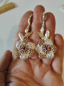 Orecchini pendenti ametista,peridoto, zirconi pavè fiore placcato oro sterling 925 - Foto 1 di 9