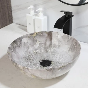 Grifo mezclador lavabo lavabo de cerámica de mármol montado en cubierta redonda EE. UU. - Imagen 1 de 11