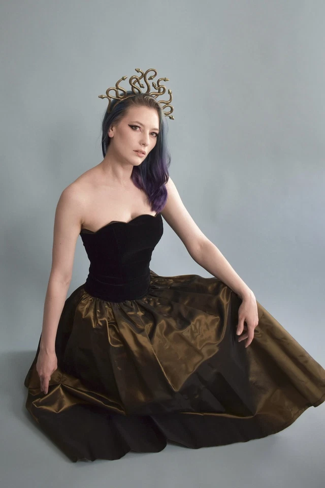 Vintage Laura Ashley Gown1980s Black Velvet and Gold Taffeta Dress 26" Waist - Image 1 of 4