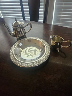 Vintage Silver Plated Tea Set – Teapot, Creamer & Decorative Tray – Ornate Foot - Image 1 of 4