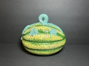Plato de puré vintage de cerámica verde y amarillo calabaza melón con tapa 6 x 7" de los años 80 - Imagen 1 de 7