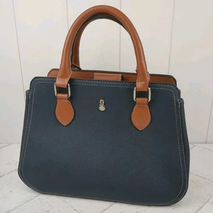 London Fog Navy & Brown Vegan Pebbled Leather Top Handle Satchel 3 Compartments - Picture 1 of 11