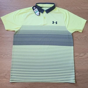 Under Amour Polo Shirt Mens L Neon Highlighter Striped Performance Golf Stretch - Picture 1 of 9