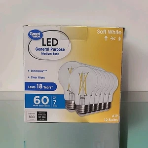 12 Pack Great Value Dimmable LED A19 Light Bulbs /Medium Base 7W 18 yr - Picture 1 of 4