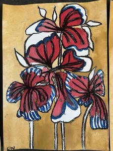 TRIO OF FLOWER PAINTINGS- ART BY MISS NOTON- ABSTRACT FLOWER DRAWINGS- GORGEOUS - Picture 1 of 4
