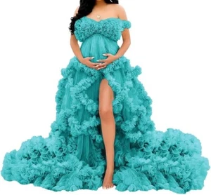 Turquoise Maternity Tull Formal Dress/ Robe For Photo Shoot Photography Large - Picture 1 of 4