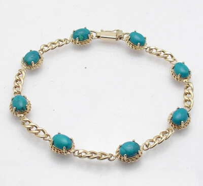 Brazalete de eslabones de tenis con piedras preciosas turquesa natural oro amarillo real 14K QVC Foto 1 de 4