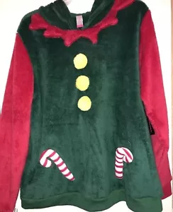 NO BOUNDARIES CHRISTMAS ELF FLEECE PULLOVER SWEATER EXTRA LARGE HOODIE RED GREEN - Picture 1 of 12