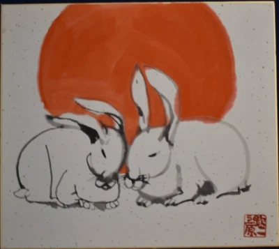 SHIKISHI JAPONÉS PINTADO A MANO ARTE CARBÓN LINDOS CONEJOS CON SOL NACIENTE Foto 1 de 4