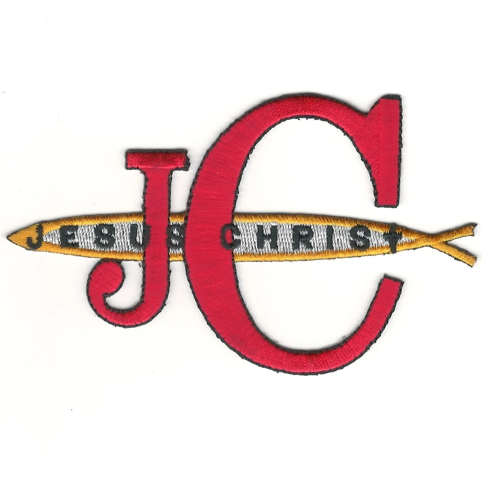 Jesus Christ Iron on Patch - JC and Ichthus Christian Embroidered Applique - Image 1 of 1