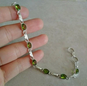 NATURAL OVAL GREEN PERIDOT 925 STERLING SILVER LINK CHAIN BRACELET 7.5" HANDMADE - Picture 1 of 6