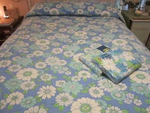 Vintage Fieldcrest volle Größe blau Gänseblümchen Blumen gesteppte Tagesdecke & neue Bettwäsche - Bild 1 von 23