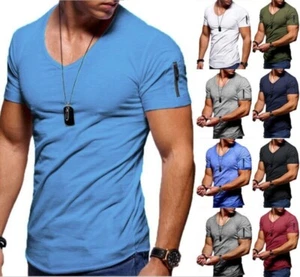 Mens Short Sleeve V Neck T Shirt Casual Slim Fit Solid Muscle Tee Tops Zipper - Picture 1 of 9