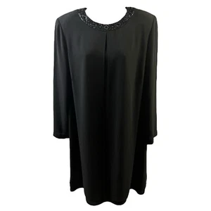 Jones New York Dress LBD Black Long Sleeves Beaded Neckline Shoulder Pads 14W - Picture 1 of 8