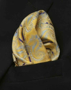 Gascoigne Pocket Square Yellow Blue Striped Scroll Men's - Picture 1 of 3