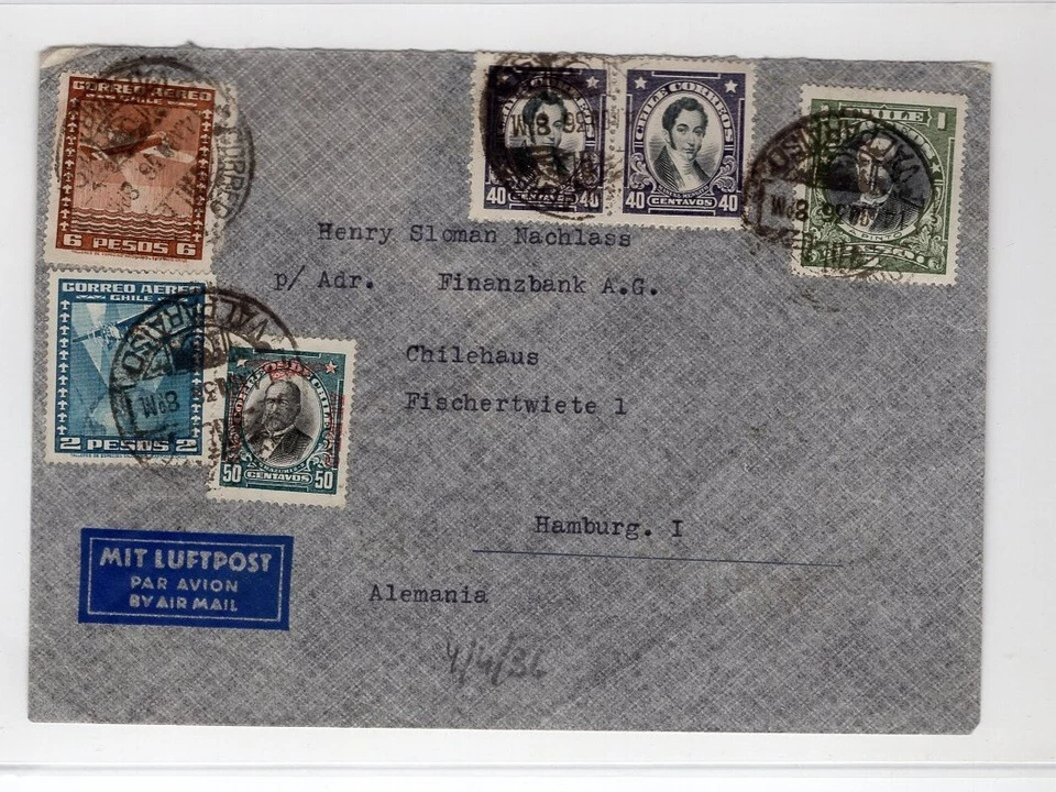 Chile 1936 airmail Valparaiso to Hamburg Germany great mixed franking - Image 1 of 1