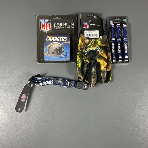 Los Angeles Chargers NFL Ultimate Fan Gift Lot Gloves, Pens, Collar, Coasters Cover