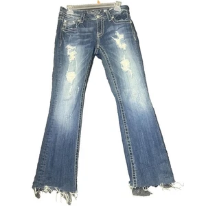 Miss Me Boot Cut Blue Jeans Womens Size 28 Cutoff Embellished Distressed Rips - Picture 1 of 24
