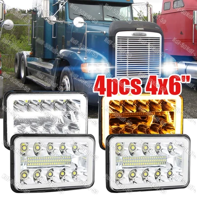 4pcs 4x6" LED Headlights DRL for Freightliner FLD120 FLD112 1988-2010 Kenworth - Image 1 of 4