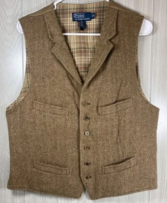 Polo Ralph Lauren Vest Waistcoat Herringbone Wool Tweed Brown RARE Medium - Image 1 of 4