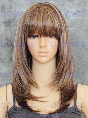Medium Layered Straight Heat OK Human Hair Blend Wig Light Brown/Blonde EVBU - Image 1 of 4
