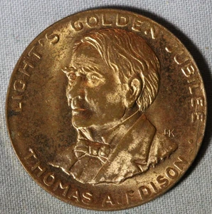 1879 - 1929 Thomas A. Edison Light's Golden Jubilee Better Vision Medal Bronce - Imagen 1 de 2