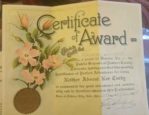 Vintage Certificate Of Award For Perfect Attendance Pawnee County Nebraska 1914 - Bild 1 von 6