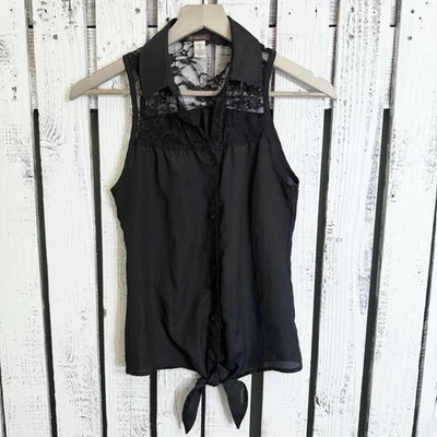 Copper Key Black Lace Top Size Small Tie Midriff 90s Vibes Goth Glam Button Up - Image 1 of 4