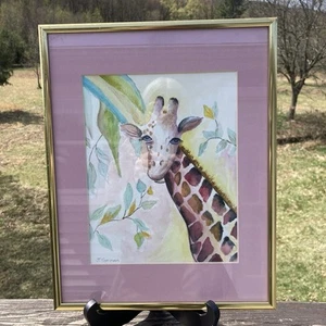 Vintage original signiert J. Garman Aquarell Giraffe matt gold Metallrahmen - Bild 1 von 9