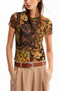 Desigual Patchwork Tulle T-shirt Top Size Large Floral Yellow Flowers - Picture 1 of 6
