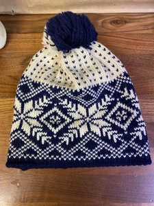 Vintage Dale of Norway Wolle Strick Mütze blau elfenbein Schneeflocke Fair Isle Bommel - Bild 1 von 6