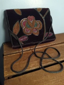 Vintage Black Velvet Beaded Evening Bag, Copper Gold Green Floral - Picture 1 of 5