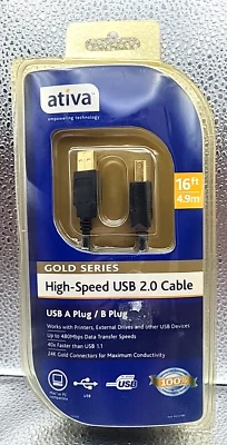 Ativa 16ft 4.9m Gold Series High Speed USB 2.0 Cable A & B Plug 735854333164 New - Image 1 of 2