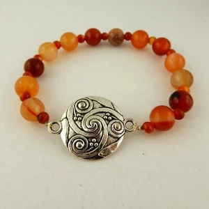 Silver Celtic Triskele, Spiral stretch bracelet w/ Carnelian gemstones - Picture 1 of 4