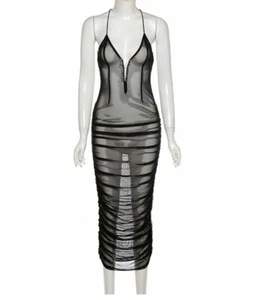 Women Sexy Mesh Stacked Summer Trend Spaghetti Strap V Neck Club Maxi Dress #B19 - Picture 1 of 12
