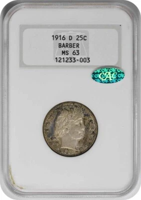 1916-D Barber Silver Quarter MS63 NGC (CAC) - Image 1 of 2