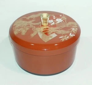 Vtg Yamanaka Japan Red Lacquer Vanity Powder Puff Jar with Gold Fan, Flowers New - Picture 1 of 9