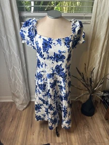 Blau & Weiß Blumen Retro Kurzarm Midi Swing Kleid Tee Party Landhaus Kern - Bild 1 von 24