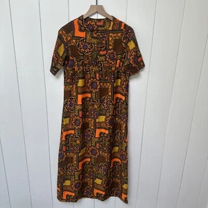 Vintage Tiki Print Shift Wiggle Dress Orange/Brown/Purple/Black Size XS/Small - Picture 1 of 13