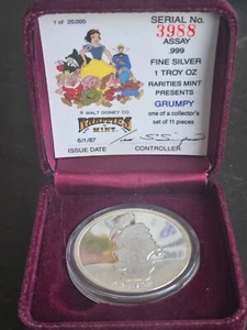 Disney 50th Anniversary Snow White Silver Coin Round in Box w/ COA- Grumpy - Picture 1 of 4