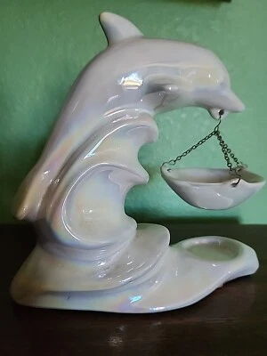 Estatuilla de delfín de cerámica blanco iridiscente difusor de aceite candelabro 8,25" Foto 1 de 4