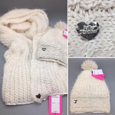 2pc Betsey Johnson Ivory SCARF Pom HAT Set Soft Crochet Sequin Winter Authentic - Image 1 of 4