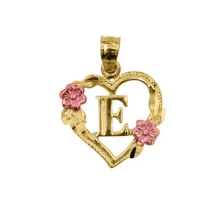 Genuine 14k Two-tone Gold 0.66" Initial E Heart-shaped Flower Pendant For Women - Picture 1 of 5
